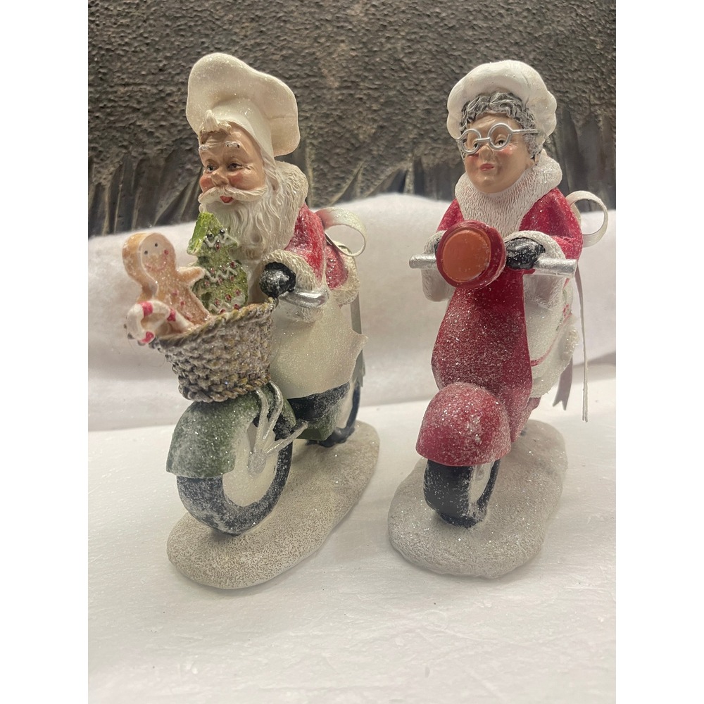 Valerie Parr Hill Santa and Mrs Claus Chef on Scooter Motorcycle Figurines Set